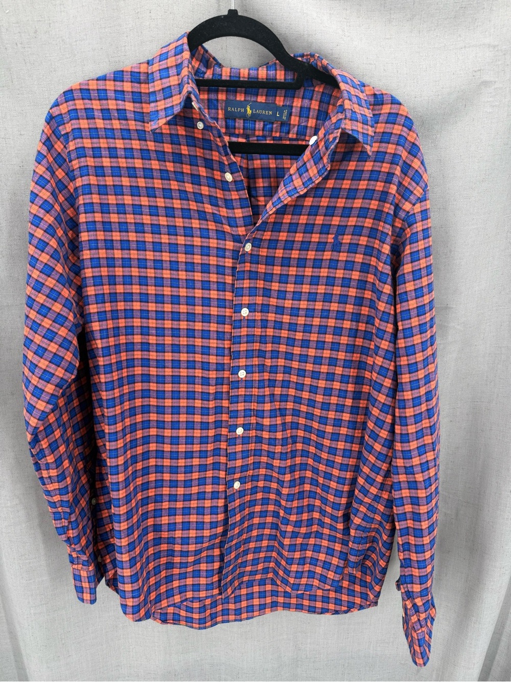 Ralph Lauren Button Down Shirt Men Large Orange Blue Plaid Classic Fit Pony.